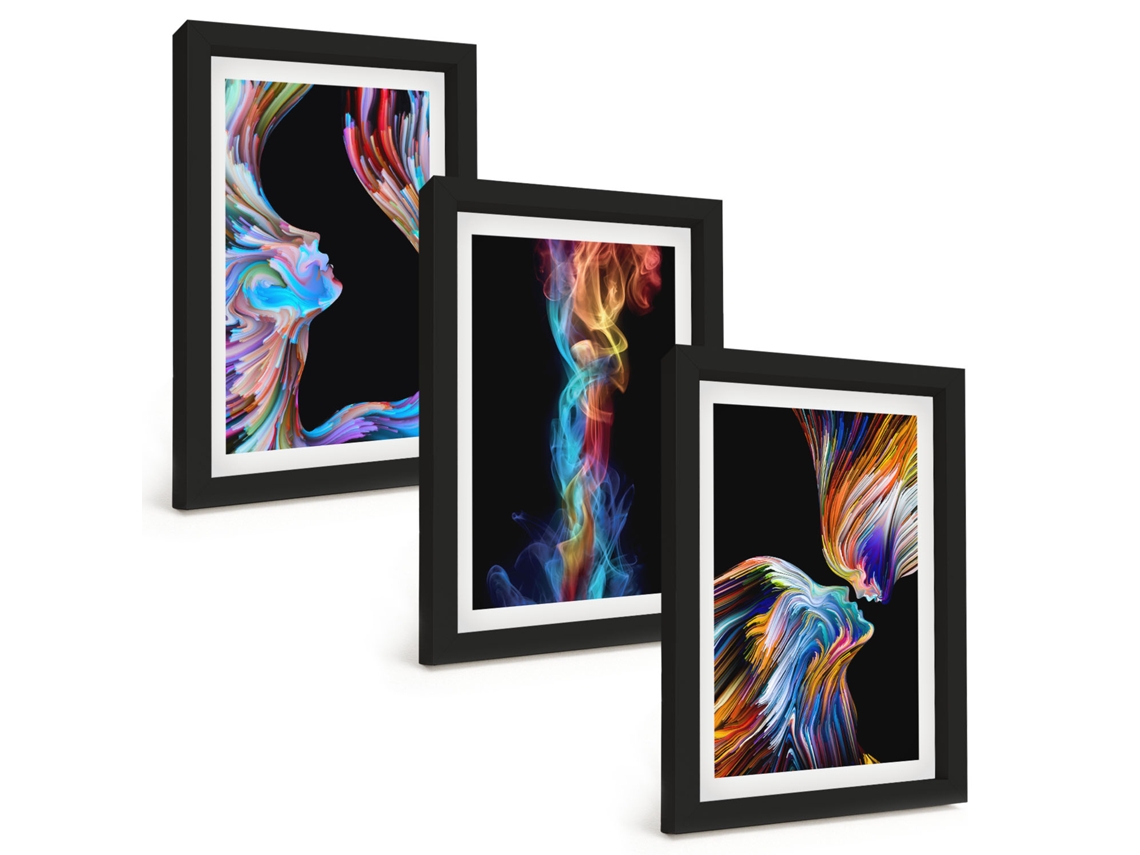 Conjunto De Pinturasrostos Coloridos, Abstrações Moldura Preta Quadros Para A Sala De Estar Espelharte (3 Peças 20x30 Cm)