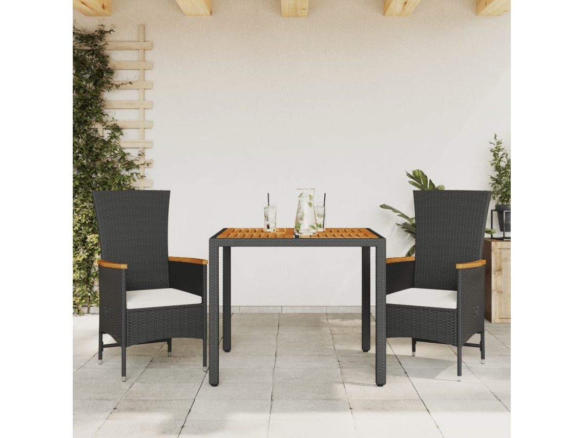 Conjunto 3 Peças Jantar P/ Jardim C/ Almofadões Vime Pe Preto Dkd Home Decor
