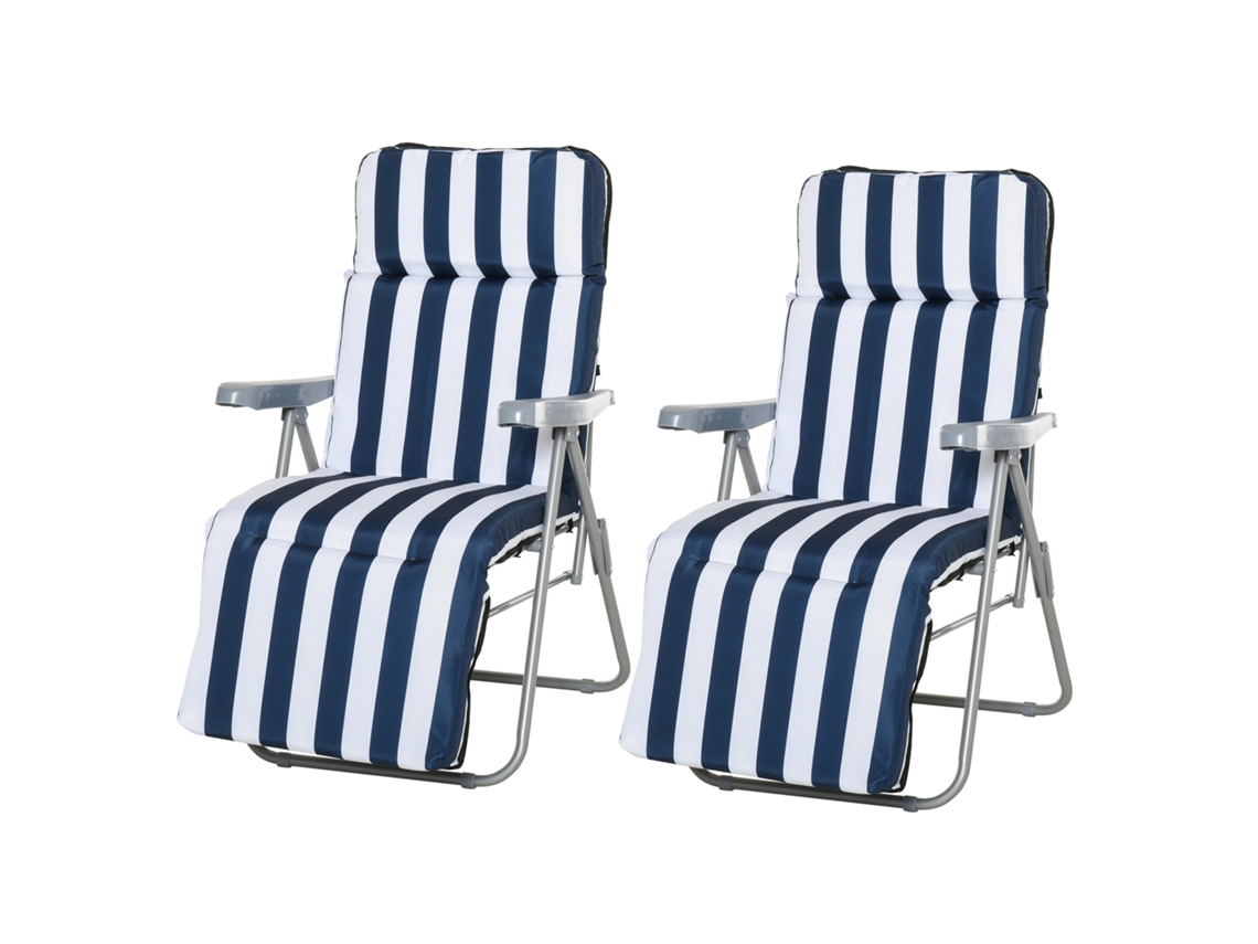 2 Espreguiçadeiras de Jardim em Aço com Almofada Acolchoada, Encosto e Apoio para Pés Ajustáveis (60x75x66 cm) Azul e Branco