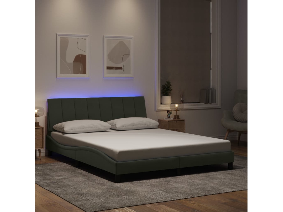 Estrutura De Cama C/ Luzes Led 160x200 Cm Veludo Cinzento-claro