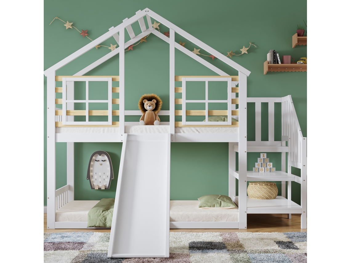 Cama Beliche 90x200 Cm Com Escada, Escorrega, Janela E Barreiras De Segurança Madeira Maciça Branca Estilo