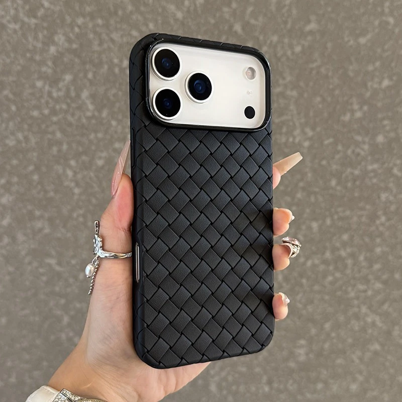 Capa Para Iphone 14 Pro Preta Com Padrão Trançado, Resistente A Impactos, Com Moldura E Parte Traseira Foscas.