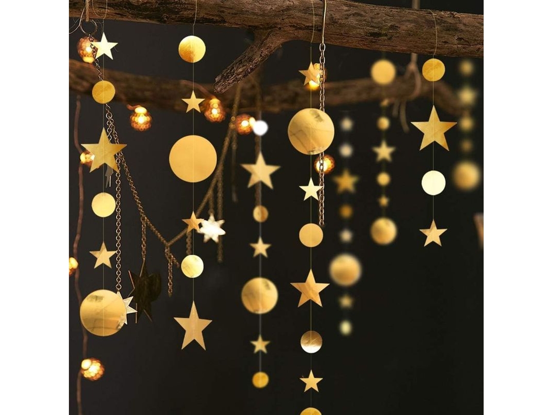 Guirnalda De Festa Estrelas E Círculos Dourados 16m Design Mate E Brilho Metalizado Para Decoração De Eventos