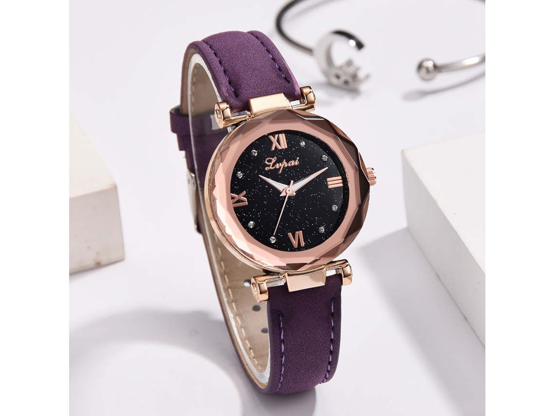 Lvpai Relógio de Pulso Feminino de Quartzo com Strass Pulseira de Couro Roxo