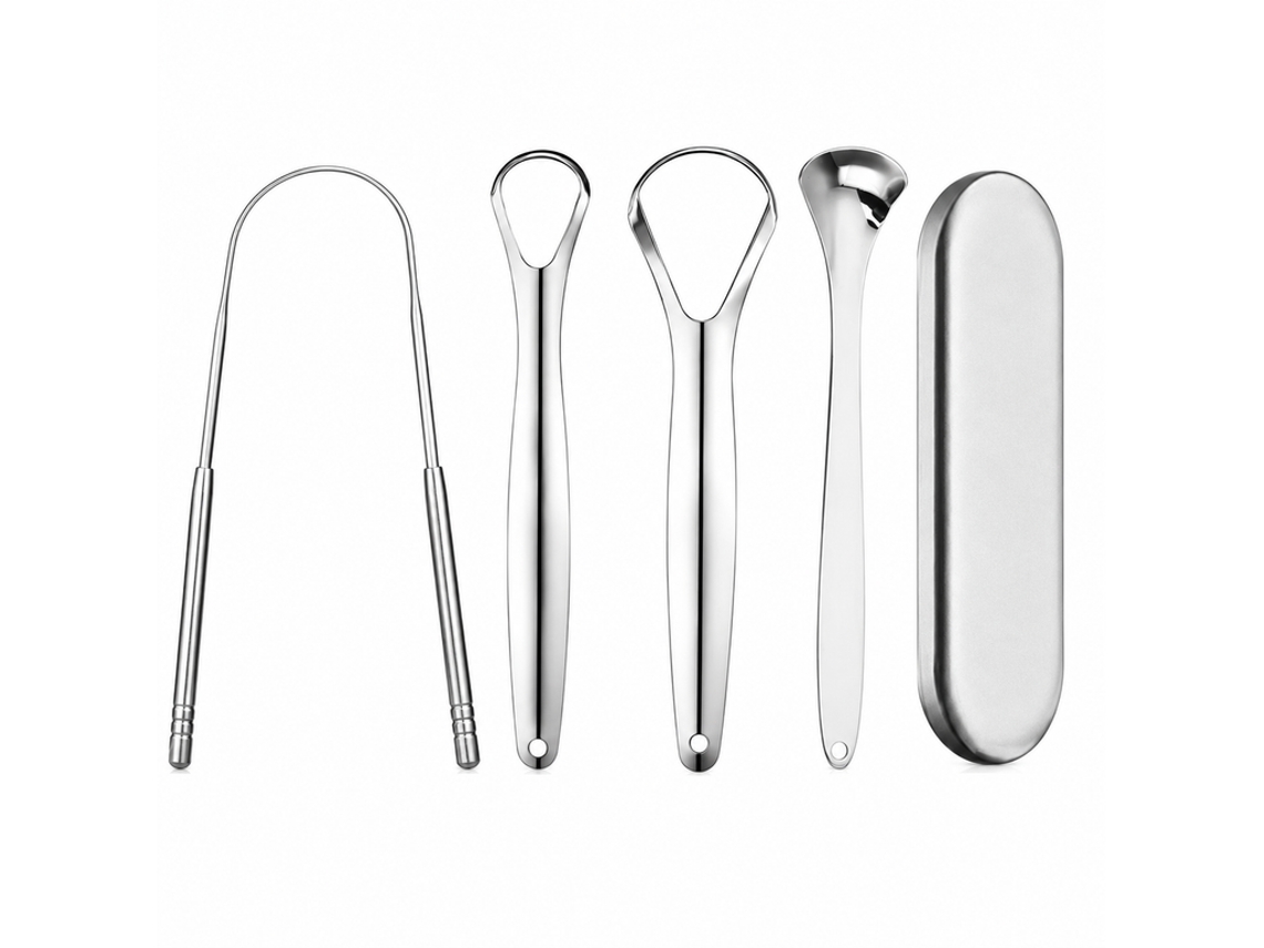 Kit 4 Raspadores de Língua Aço Inoxidável com Estojo, Remove Placa e Halitose, Higiene Bucal Diária. YANYXR