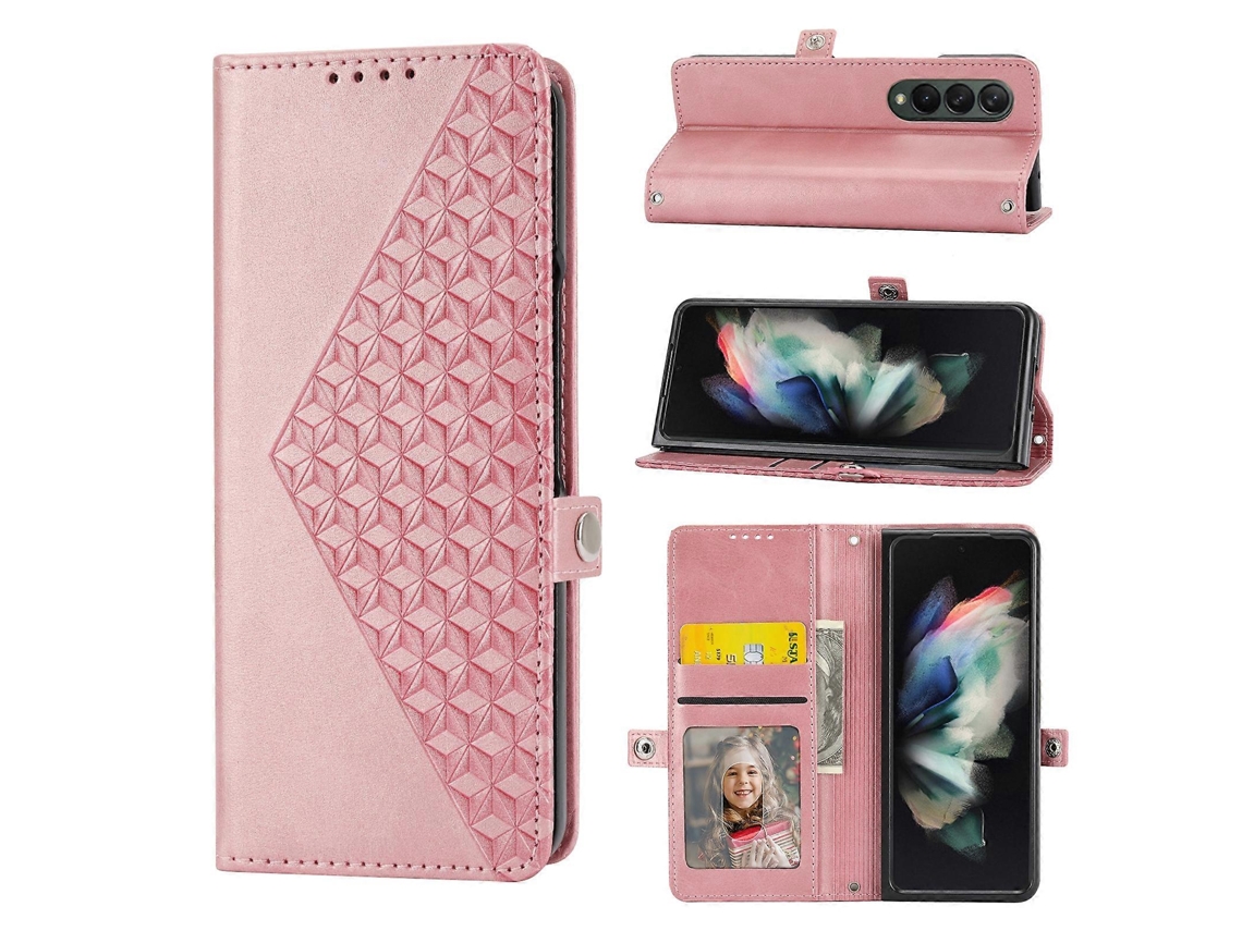 Capa Para Samsung Galaxy Z Fold4 Em Couro Com Textura De Grade Cúbica
