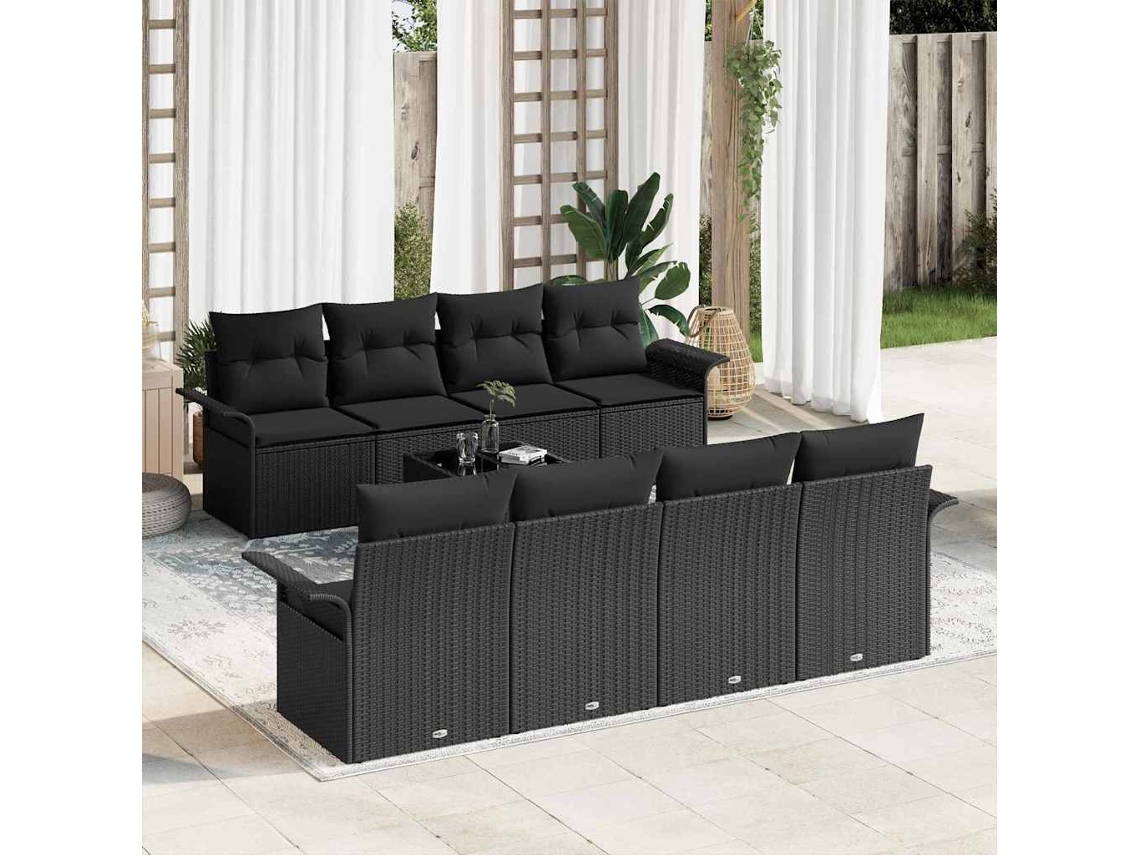 Vidaxl Conjunto De Sofá De Jardim Com Almofada 9 Pcs Preto Vime Pe