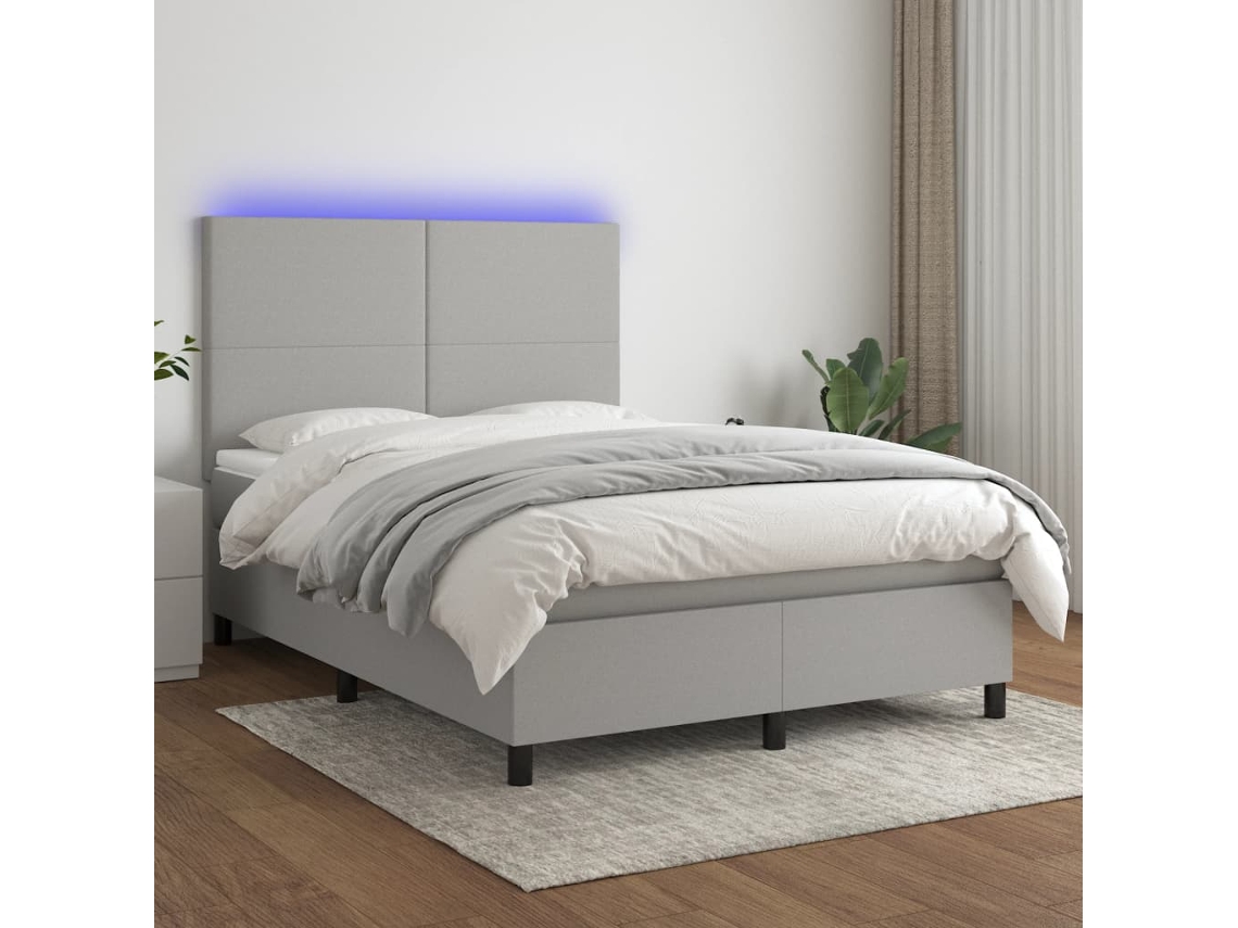 Vidaxl Cama Box Spring C/ Colchão e Led 140x190 Cm Tecido Cinza claro
