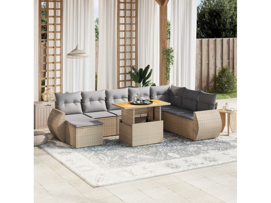 Vidaxl 9 Pcs Conjunto De Sofás P/ Jardim Com Almofadões Vime Pe Bege