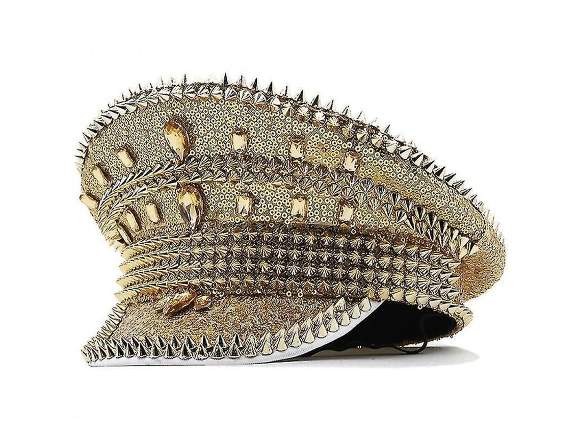 2026 sombrero Militar Steampunk para Mujer Con Remaches Dorados Secuenciales Fiesta Boda Talla 56 60cm Ajustável de 56 61 Cm 01 Oro