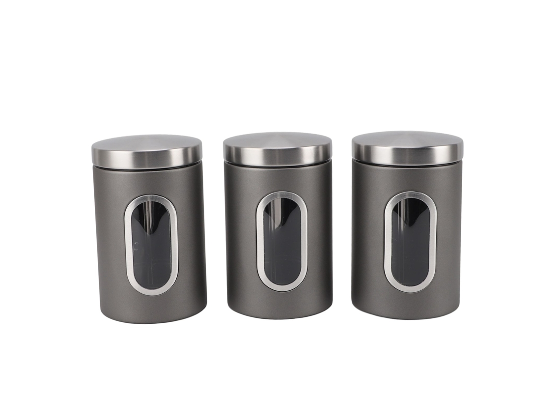 Jogo 3 Potes Em Aço Inoxidável Hermético Com Janela Visível, Para Café E Grãos Mistos Cor Cinza Prata