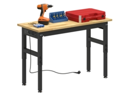 Mesa de trabalho em madeira e aço, altura ajustável, 2 tomadas, capacidade 900kg, madeira e preto