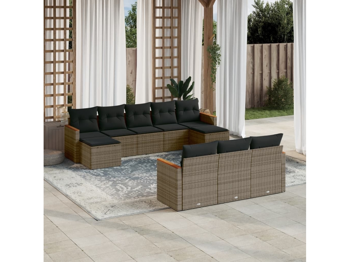 Vidaxl 10 Pcs Conjunto Sofás De Jardim C/ Almofadões Vime Pe Cinzento