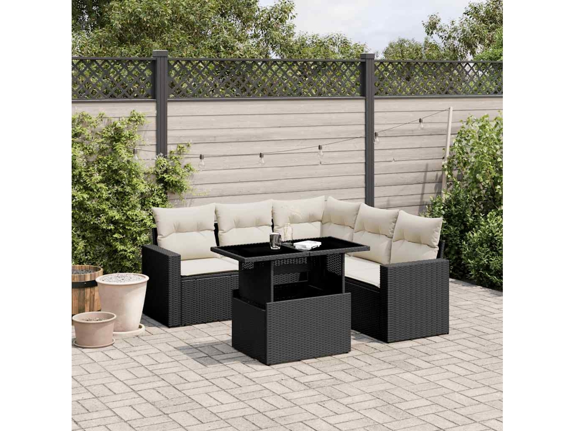 Vidaxl 6 Pcs Conjunto Sofás De Jardim C/ Almofadões Vime Pe Preto