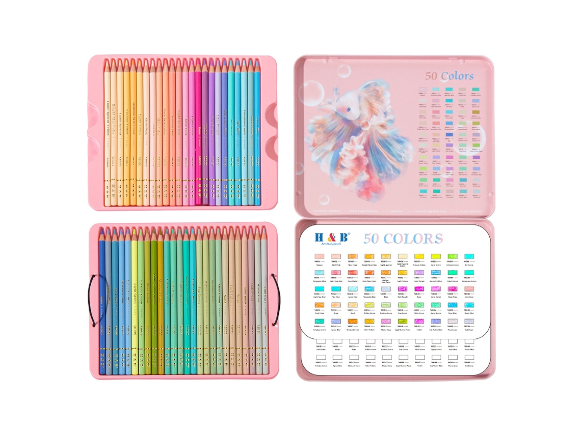 Lápis De Cor Hb Macaron 50 Unidades Com Estojo De Ferro