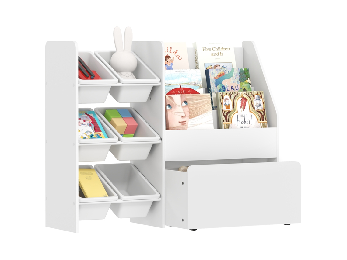 Estante Infantil para Brinquedos com 6 Caixas Removíveis 3 Prateleiras Abertas e Gaveta Inferior com Rodas 100x30x80cm Branco BTFORUS