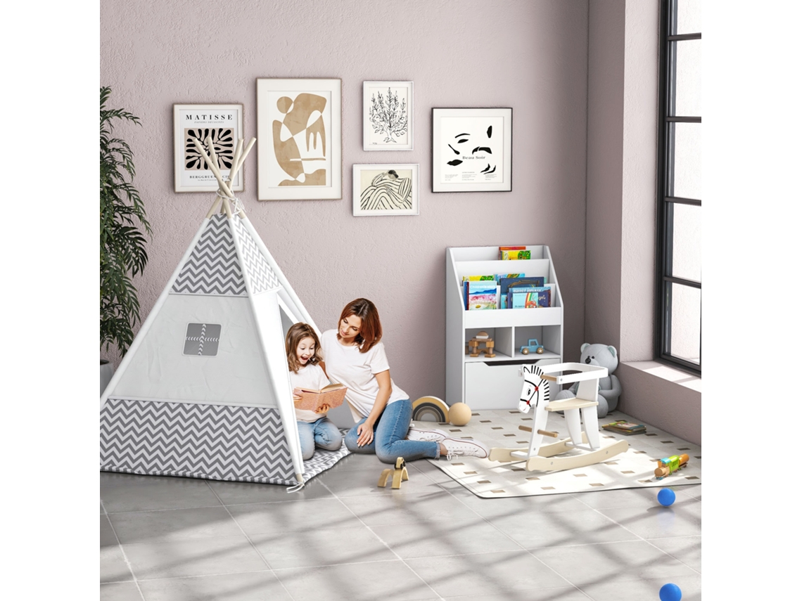Tenda Infantil Estilo Oca Indiana 1,2x1,2x1,55m, Cinza e Branco, com Porta, Janela, Almofada e Bolsa de Transporte