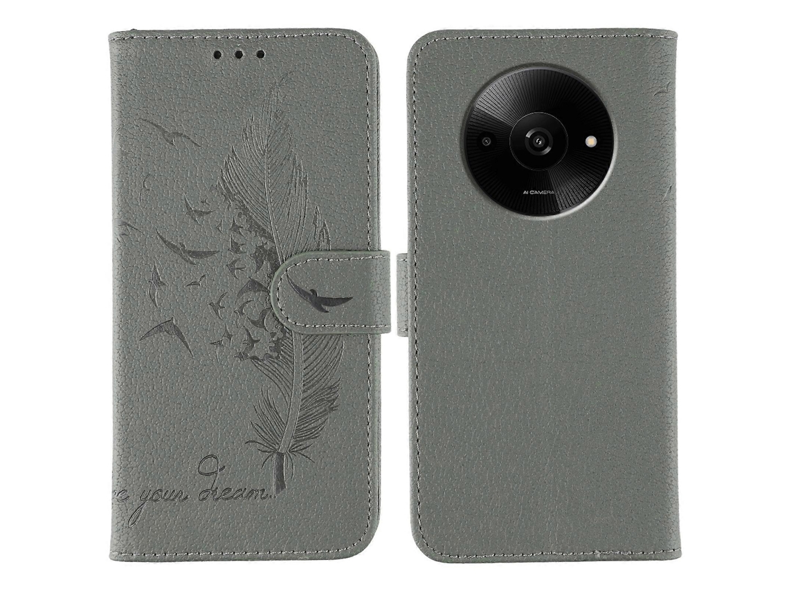 Capa Tipo Carteira De Couro Sintético Com Estampa De Penas Para Xiaomi Poco C61 4g / Redmi A3 4g, Cinza