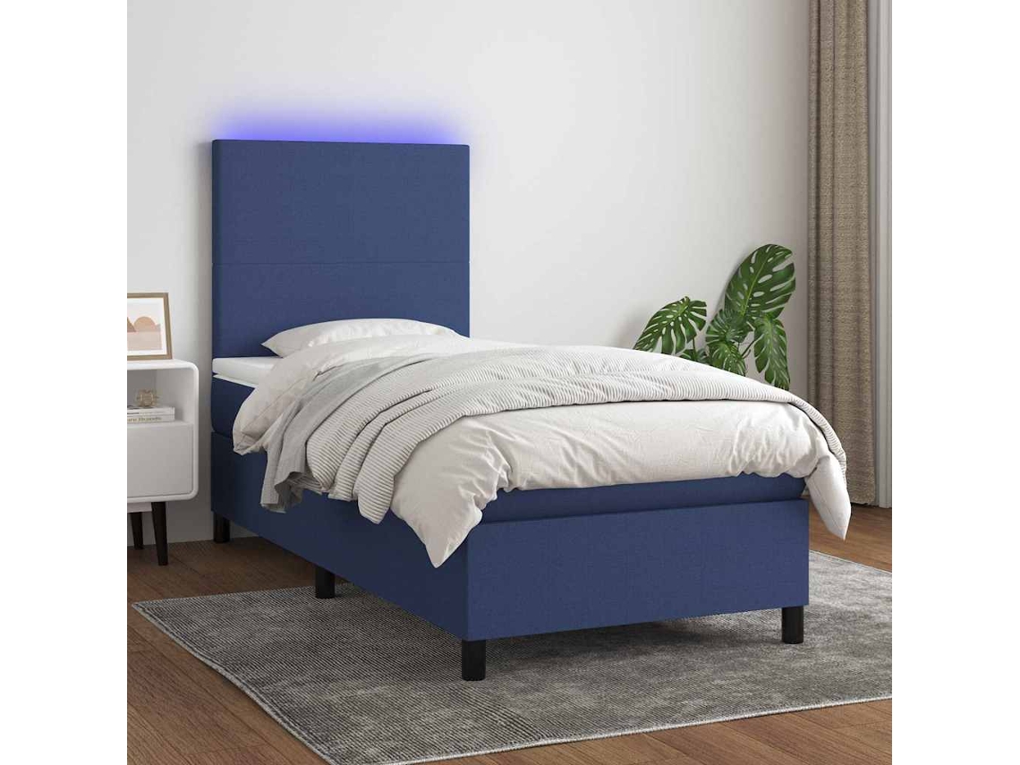 Vidaxl Cama Box Spring C/ Colchão E Led 100x200 Cm Tecido Azul