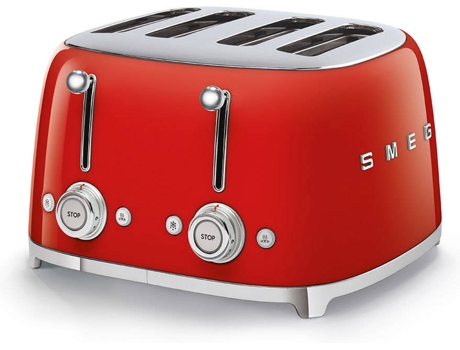 Torradeira SMEG ANNI 50 TSF03RDEU Vermelho (2000 W) — Torradeira de 4 fendas 2000W com 6 níveis de tostagem. Entradas extra largas e 2 gavetas de migalhas. 2 botões com comandos independentes. com funções para aquecer. descongelar e bagel (tostar apenas uma face)