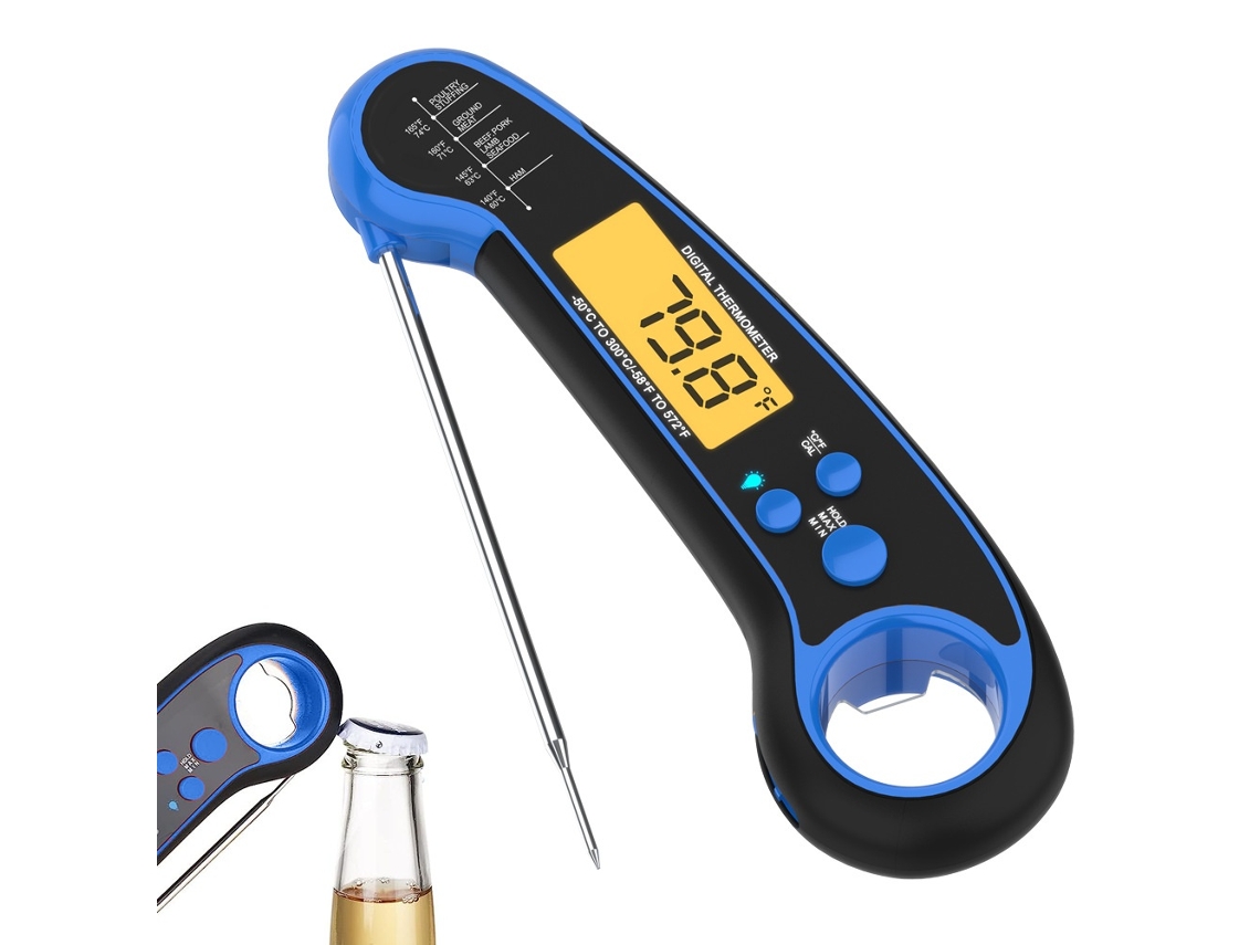 Termómetro De Cozinha Digital Com Sonda Para Alimentos, Ipx7, 4.7 Polegadas, 2 Em 1, Dobrável, Padrão Azul Elysve