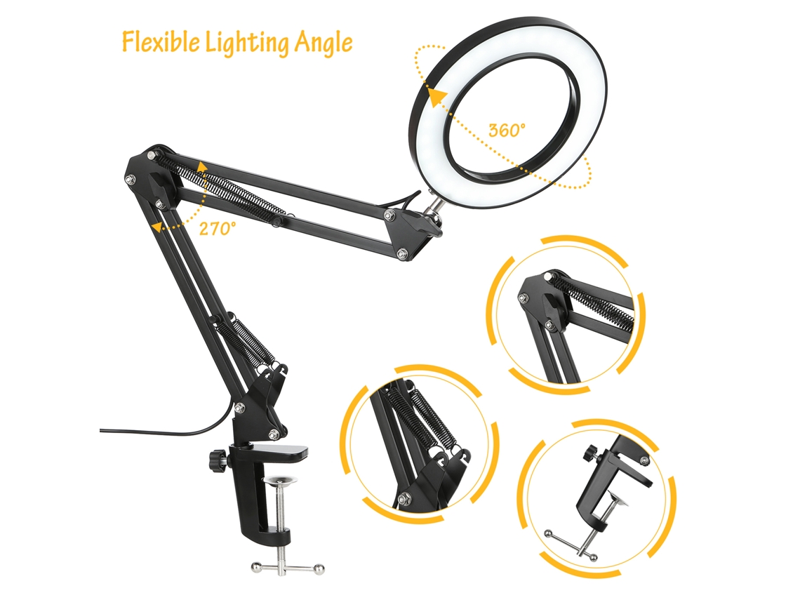 Lâmpada de Mesa Clip on com Braço Articulado, Leds Ajustável, 3 Modos de Cor, 10 Níveis de Brilho, para Leitura | S/MARCA