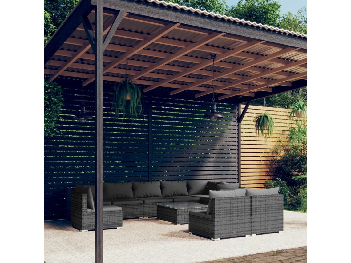Vidaxl 10 Pcs Conjunto Lounge De Jardim C/ Almofadões Vime Pe Cinzento