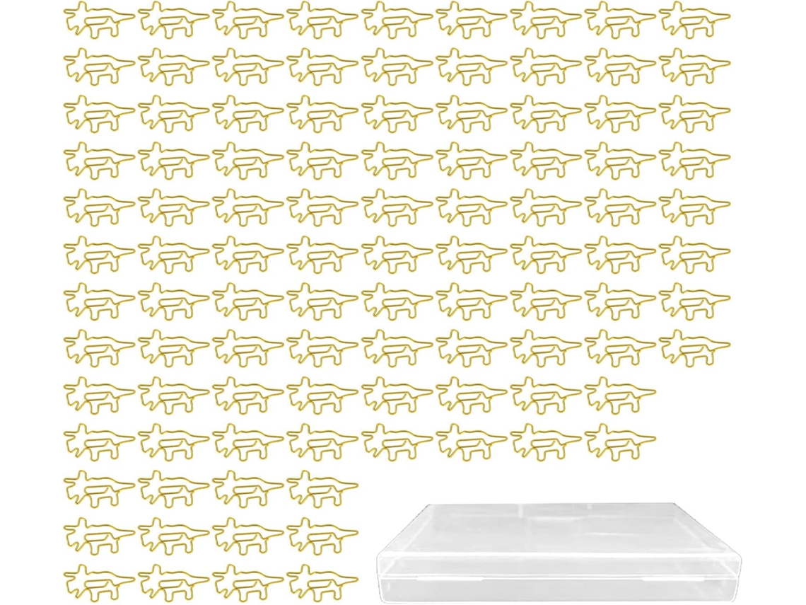 Clips de papel em formato de dinossauro dourado, perfeitos para organização na mesa e na escola.