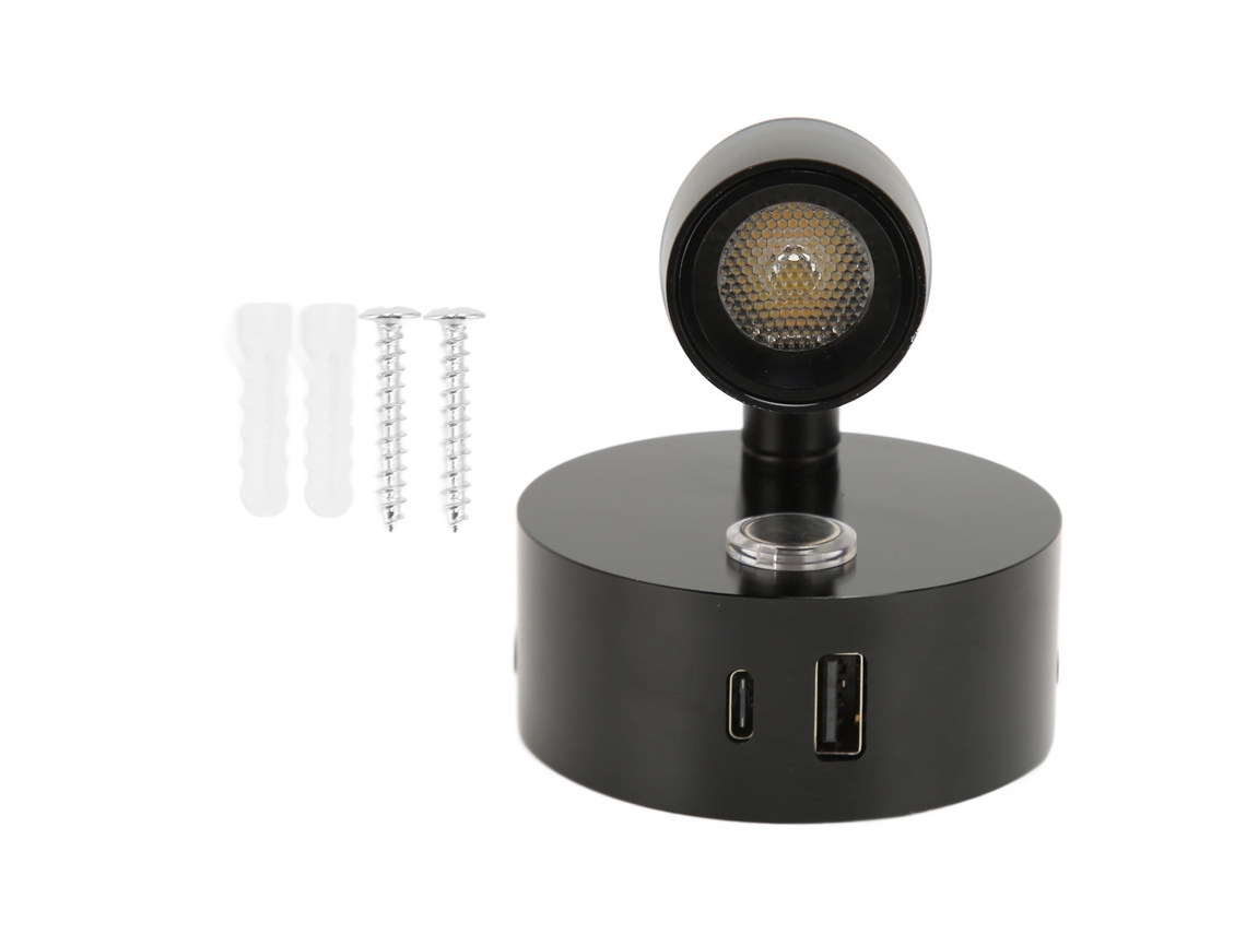 Rebe-lâmpada De Leitura Para Rv Com Porta Usb-c Luz Noturna Azul 3 Cores Regulável Interruptor Táctil Dc12-24v Preto