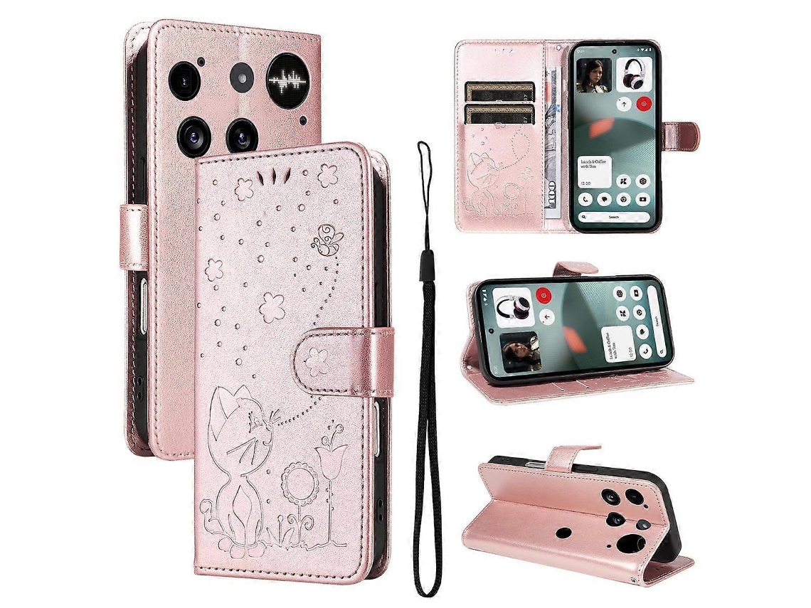 Capa De Couro Com Aba E Estampa De Gato E Abelha Para Celular Nothing Phone 3
