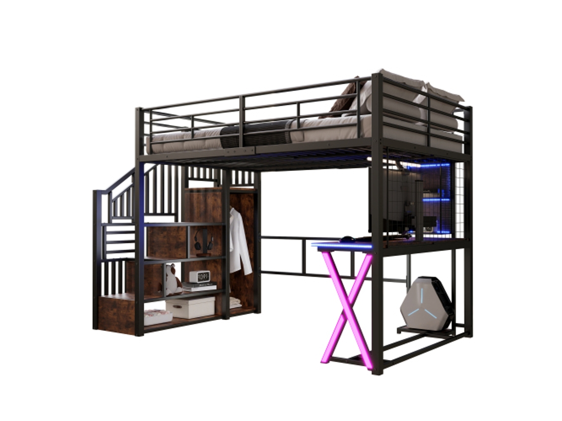 Cama Alta, 140*200cm, com Luzes Led, Escada de Arrumação, Secretária, Roupeiro, Prateleiras, Sem Colchão, Preta. DELCOND