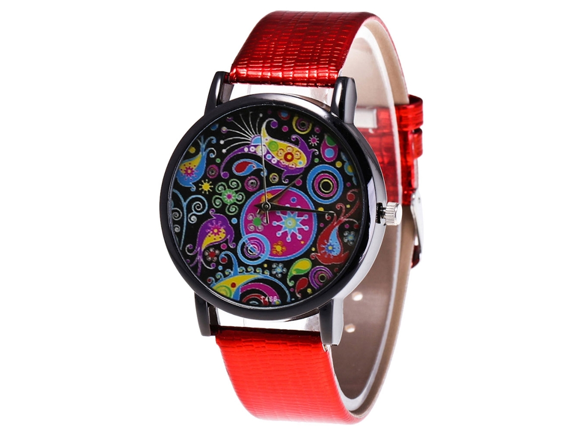 Relógio feminino analógico de quartzo com pulseira de PU, joia para presente (vermelho)
