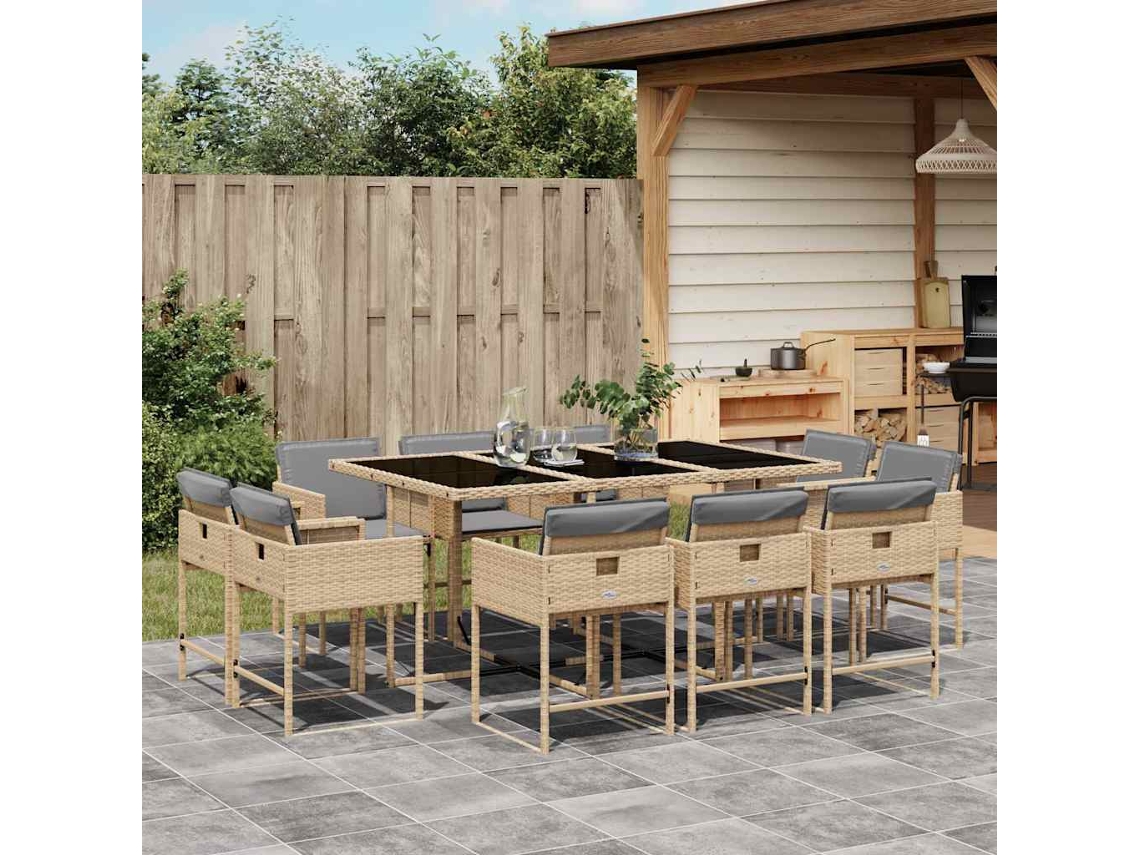 Vidaxl 11 Pcs Conj. Jantar Jardim C/ Almofadões Vime Pe Bege Misturado