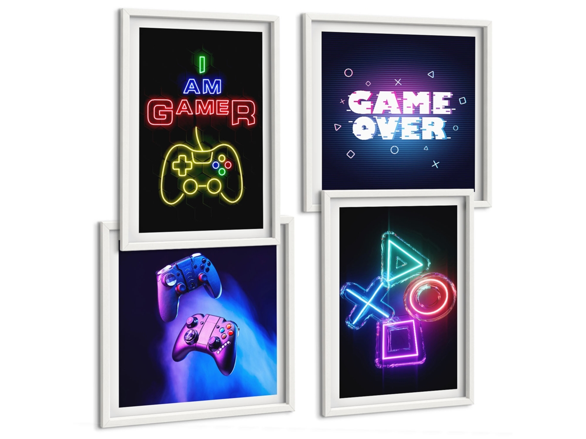 Pinturas Murais Modernas Game Over, Controles De Jogo Moldura Branca Quadros Para A Sala De Estar Espelharte (conjunto De 4 Imagens)