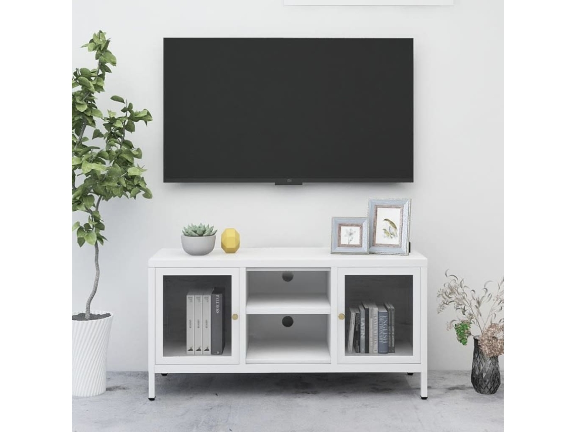 Vidaxl Móvel De Tv 105x35x52 Cm Aço E Vidro Branco