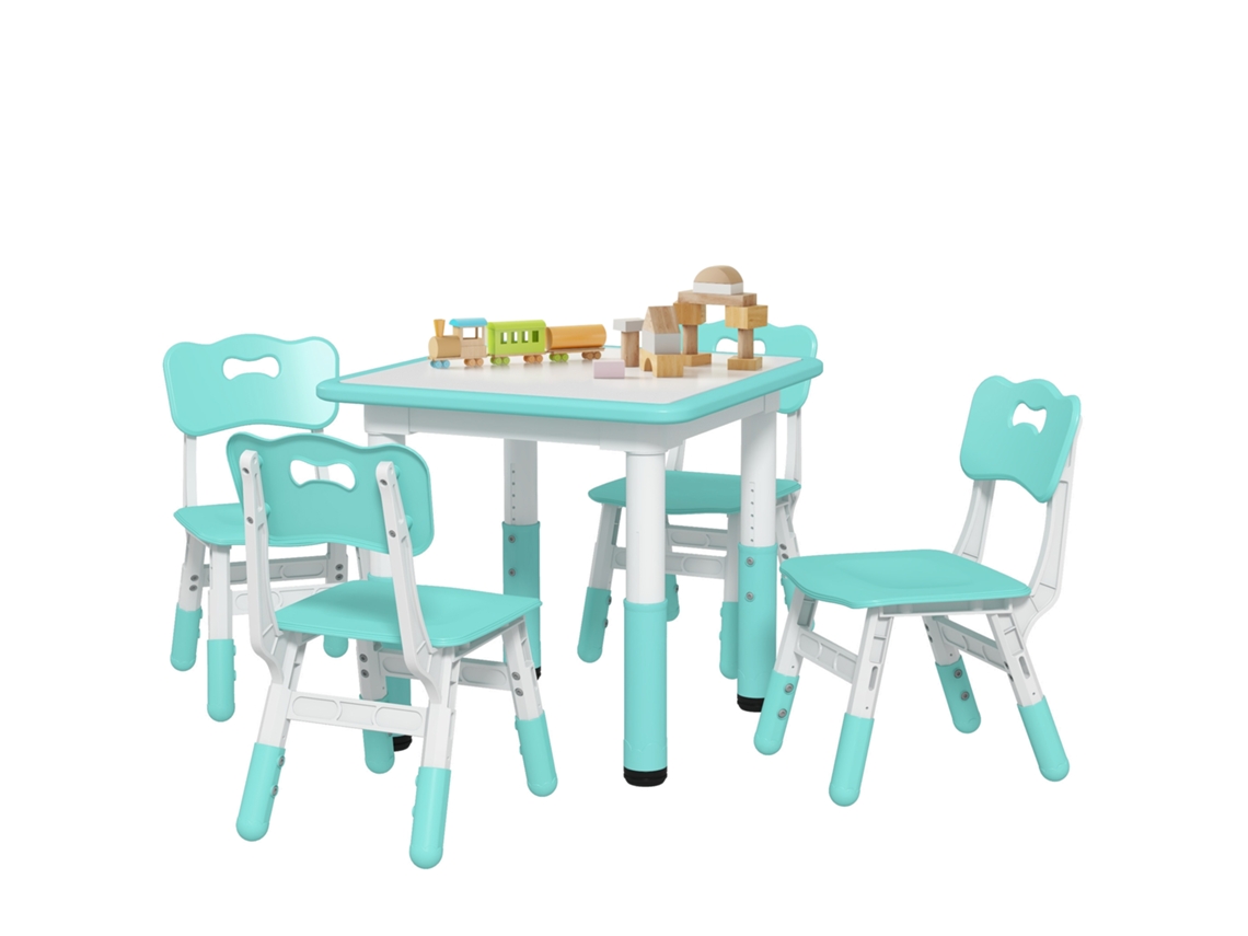 Conjunto Infantil de Mesa e Cadeiras com 5 Peças, Incluindo 4 Cadeiras Ajustáveis e Mesa (60x60x46 58 Cm), Verde. CHEZMOI (32x36x52,5 56 Cm)