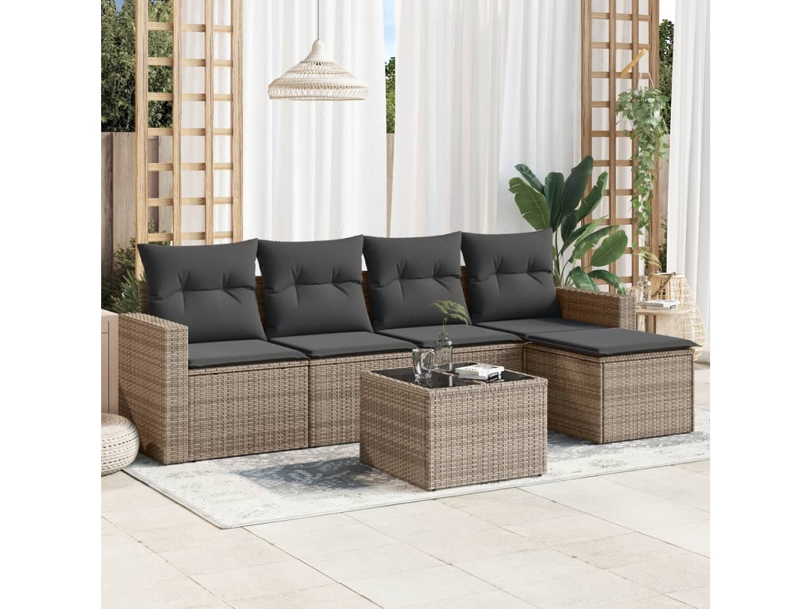 Vidaxl 6 Pcs Conjunto Sofás De Jardim Com Almofadões Vime Cinzento