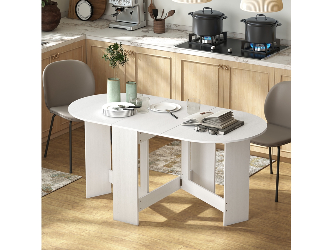 Mesa De Cozinha Dobrável Mesa De Jantar Dobrável Ovalada Com Laterais Abatíveis Estilo Moderno 163x80x75 Cm Branco