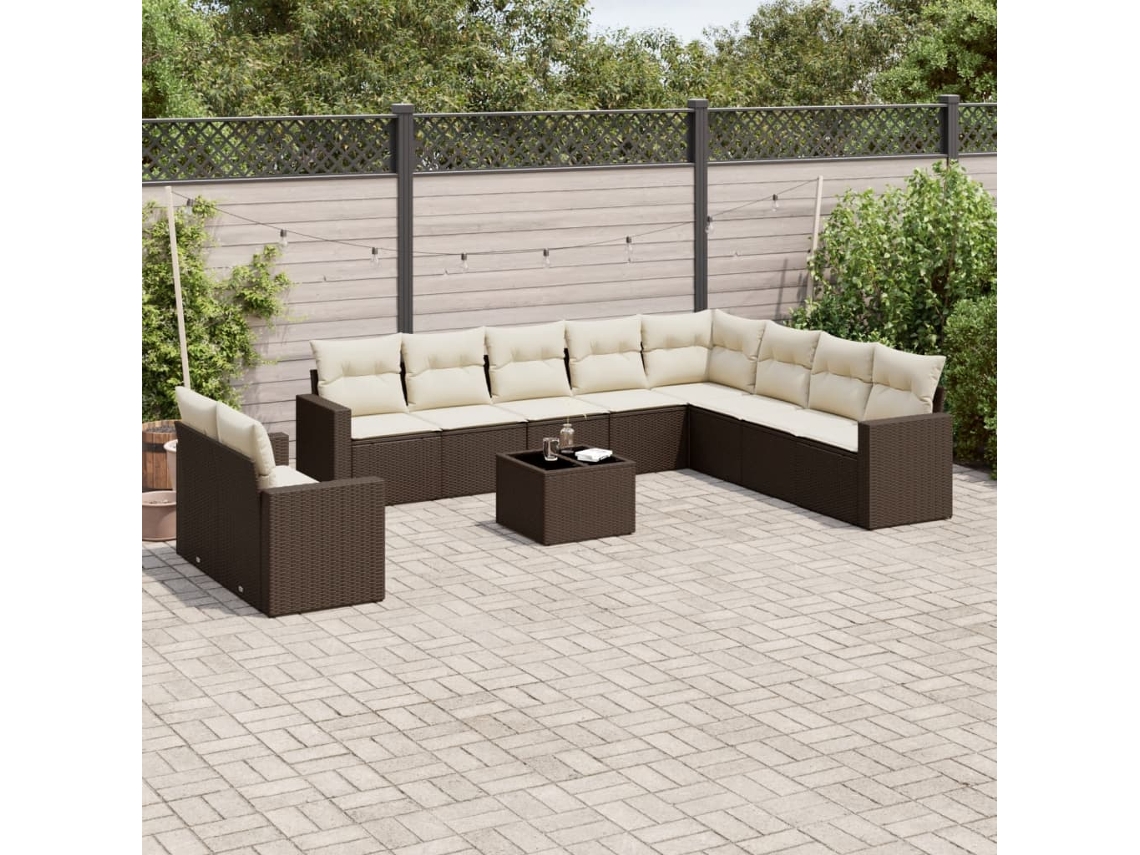 Jogo de Sofá Jardim 11 Peças C/ Almofadões Vime Pe Marrom Dkd Home Decor