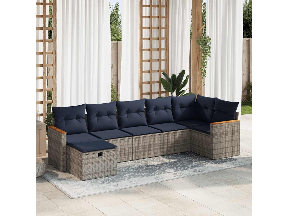 Vidaxl 7 Pcs Conjunto Sofás P/ Jardim C/ Almofadões Vime Pe Cinzento