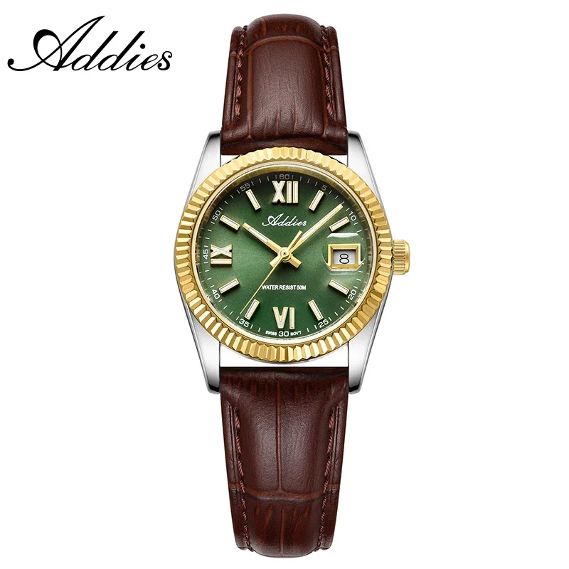 Relógio Feminino (couro Verde-dourado) Com Cristal De Safira, Luminoso, Resistente À Água Até 5 Bar.