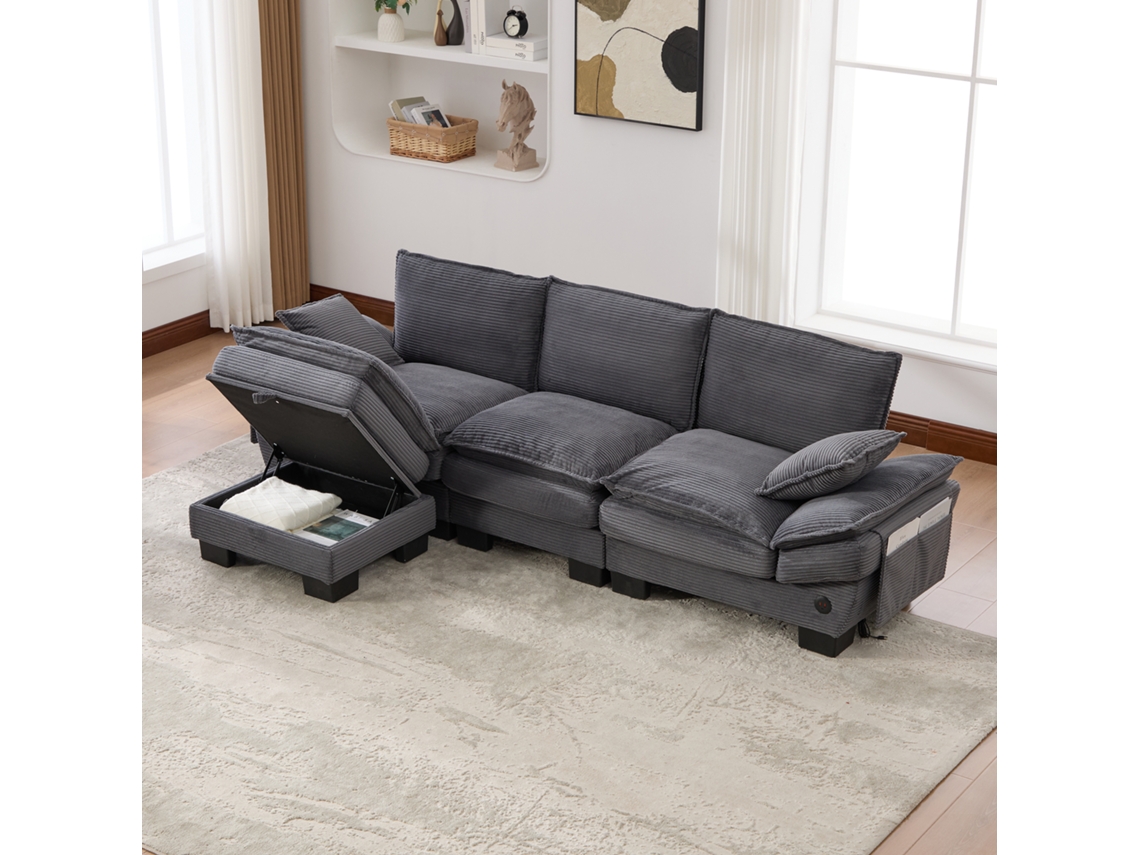 Sofá 3 Lugares + Poltrona Assento Amplo, Design Ergonômico, Espuma Densa, Usb-c E Bolsos. Ideal Para Sala, Escritório Ou Lounge. Cinza Escuro.