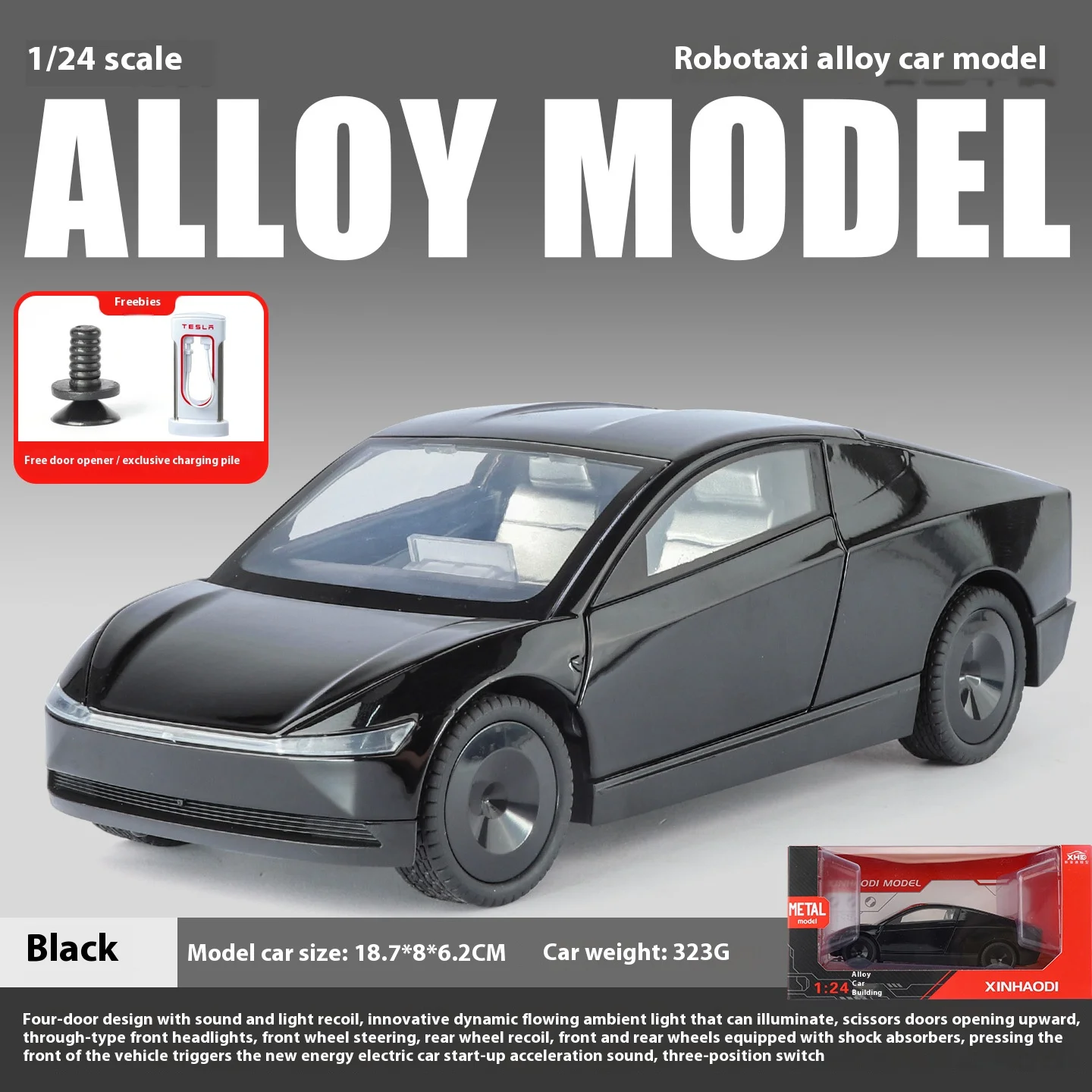 (preto) Miniatura De Carro Robotaxi Em Escala 1/24, Feita Em Metal Fundido, Com Efeitos Sonoros E Luminosos Simulados.