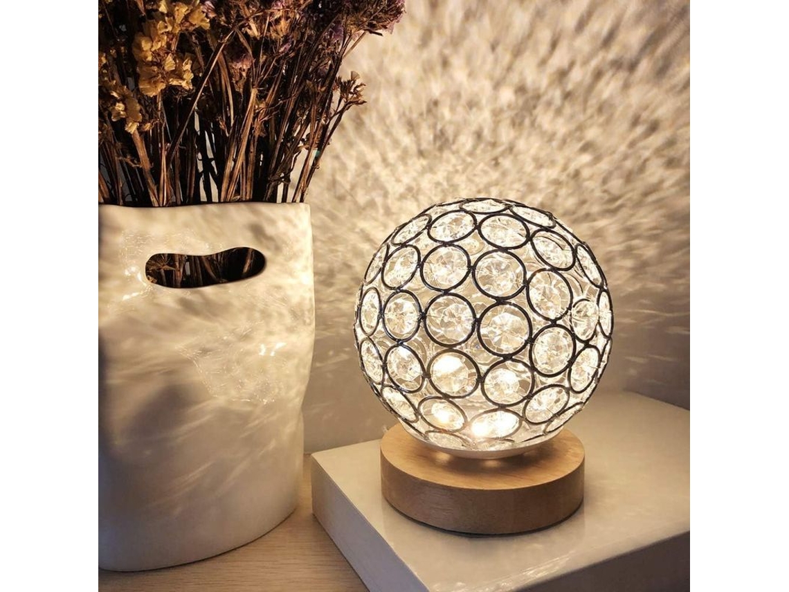 Lâmpada de mesa Nova Line, USB, cristal prata, com base de madeira ajustável, para quarto