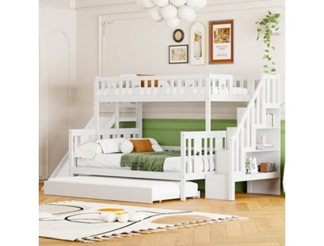 Cama De Criança 90x200/140x200 Cm, Beliche Com Escorrega E Prateleira, Branco