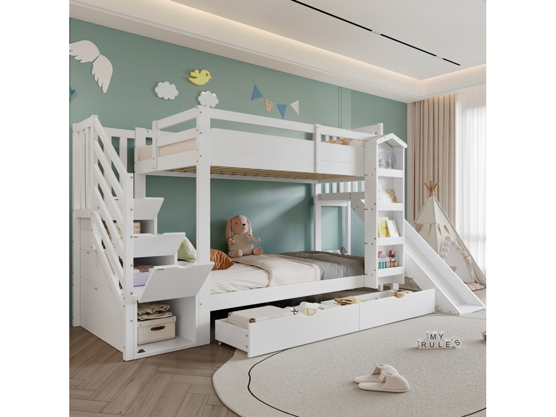 Cama Infantil 90x200cm Branca Com Estante, Gavetas, Escorrega E Armário