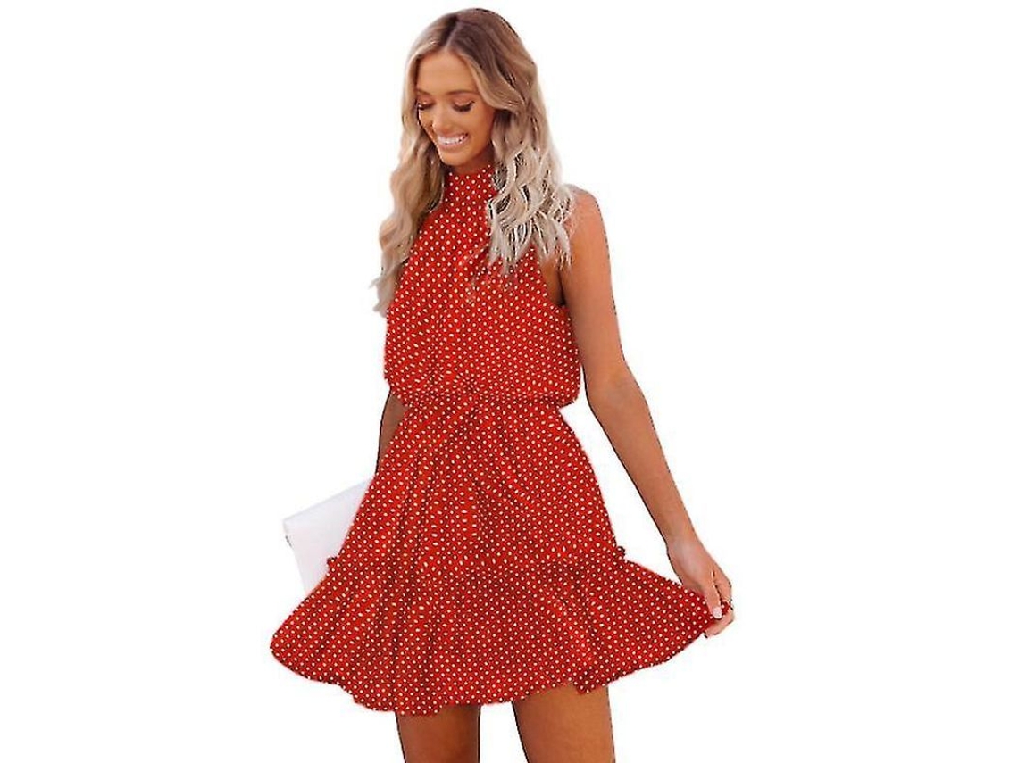 Vestido Halter Feminino Estampado Floral Com Cintura Alta Elástica E Recorte No Costas - Verão Boho Praia Pontos Vermelhos De Bolinhas