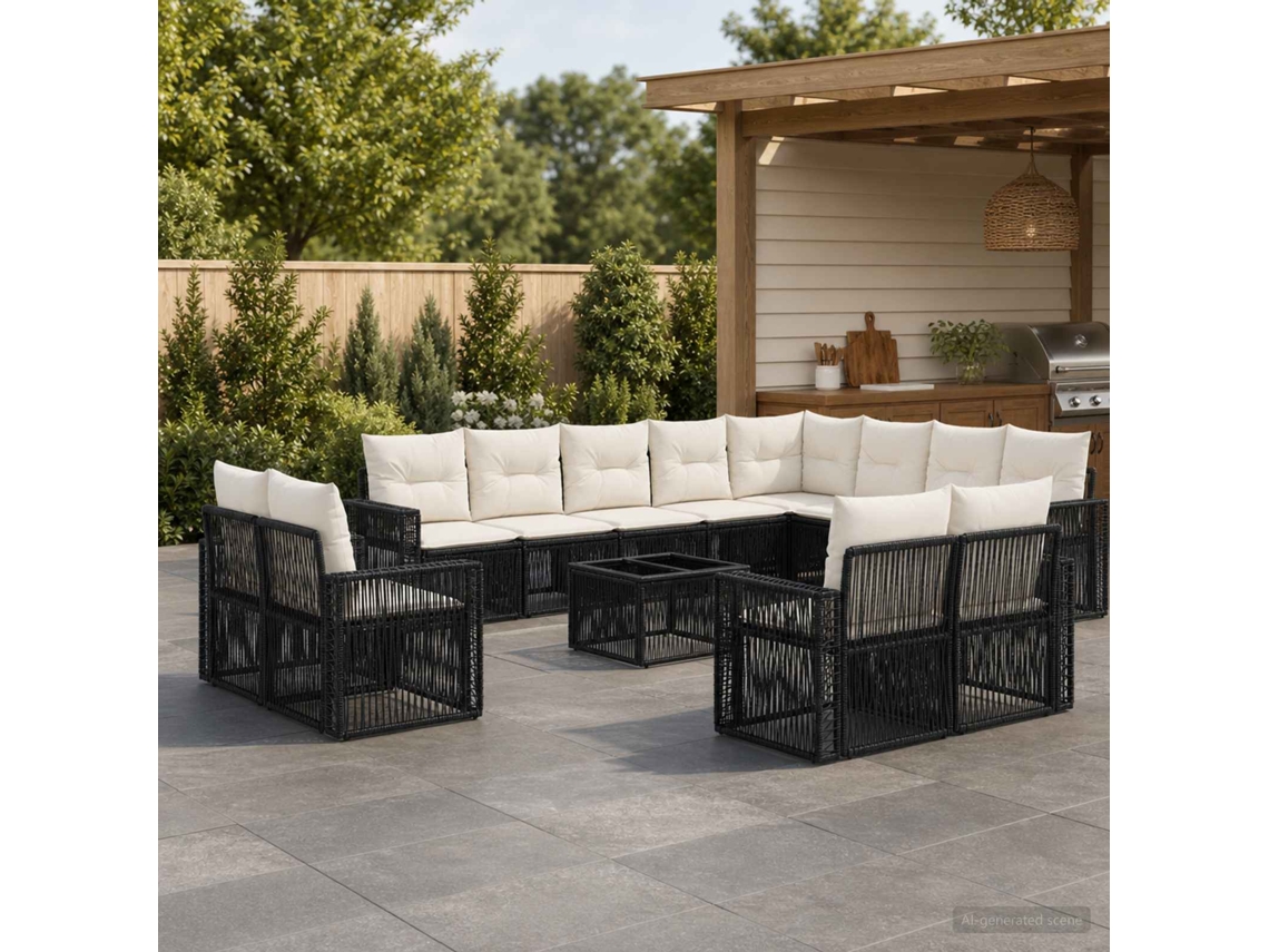 Vidaxl Conjunto De Sofá De Jardim 13 Pcs Preto E Branco Creme Vime Pe