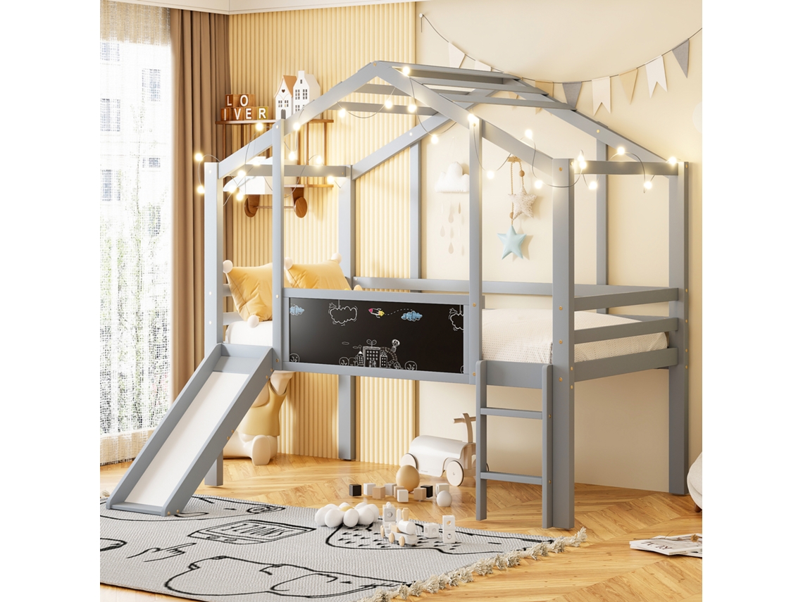 Cama Infantil 90x200 Cm, Sótão Com Escada E Escorregador, Lousa, Madeira Maciça, Beliche Cinza