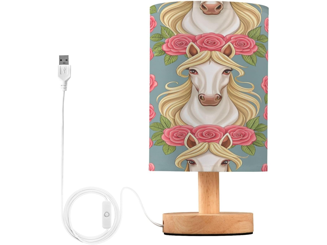 Abajur De Cabeceira With Stampa Cavalo And Flores, Portas De Carregaje USB C, Luminária De Mesa Cabeceira, Luminária De